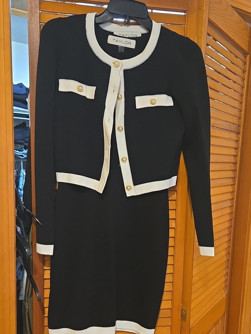 Taylor Black Dress with White-Trim Cropped Cardigan